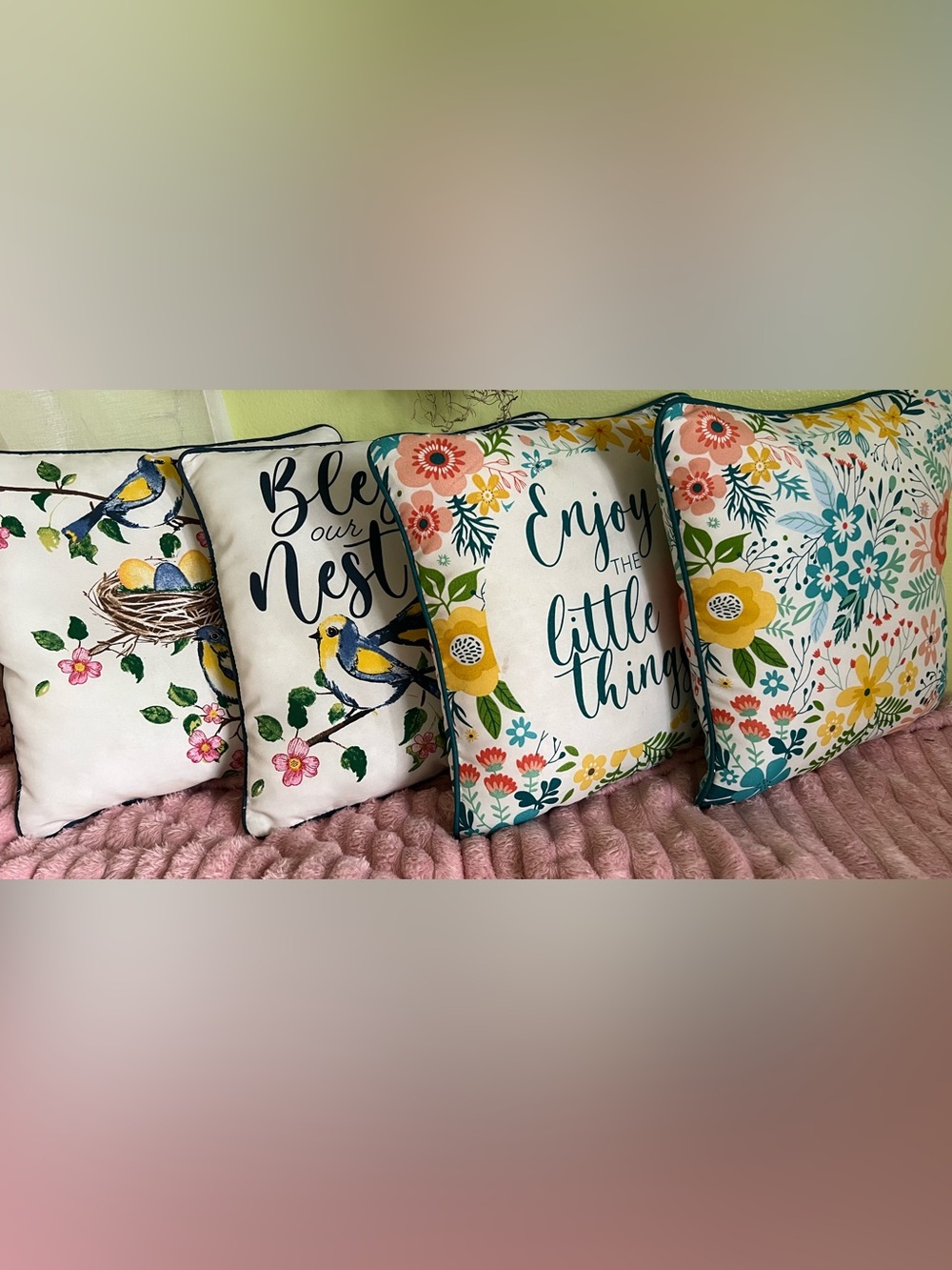 4 Enjoy the Little Things Floral & Bird Throw Pillow - White Yellow Reversible